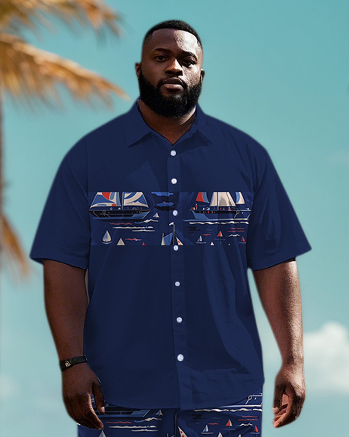Big Men's Color Block Funny Sailboat Pattern Printed Short Sleeve Shirt Shorts Set