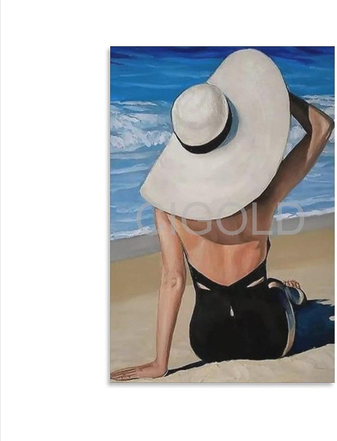 Poster Woman in Hat Painting Elegant Girl on The Beach Canvas Painting Wall Art Poster for Bedroom Living Room Decor 20x30inch(50x75cm) Unframe-Style 20x30inch(50x75cm)