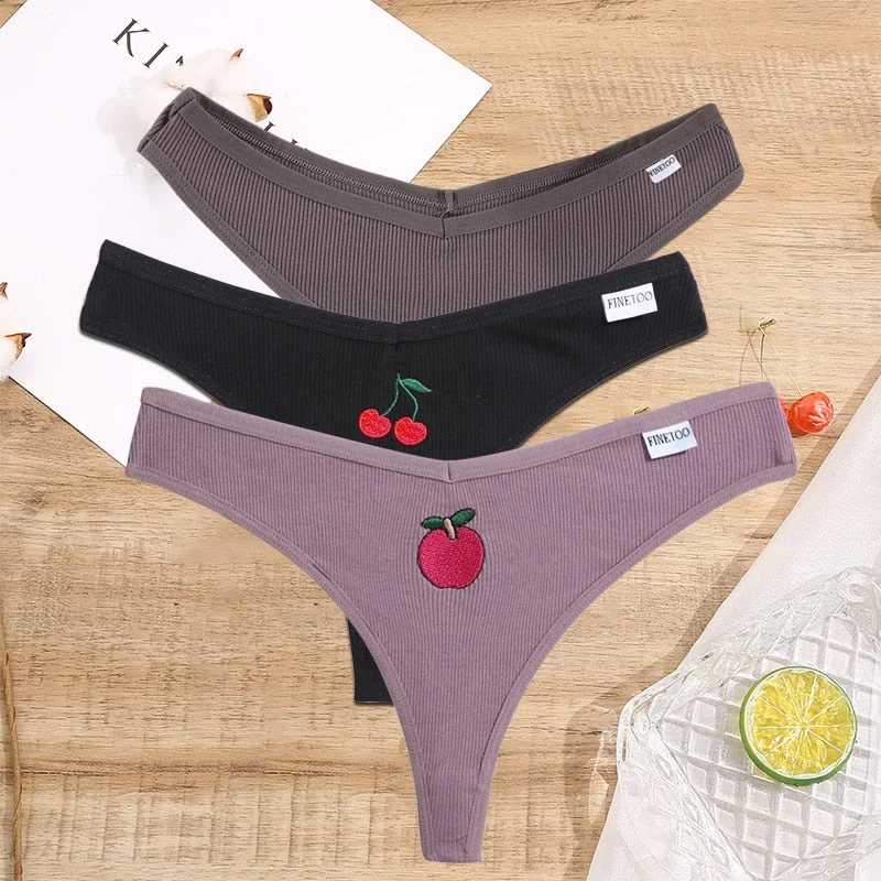 FINETOO 2/3PCS Women Lingerie Fruit Embroidery Panties G-string Sexy Low Rise Cotton Thongs Girl Underwear V-Waist Female Pantys