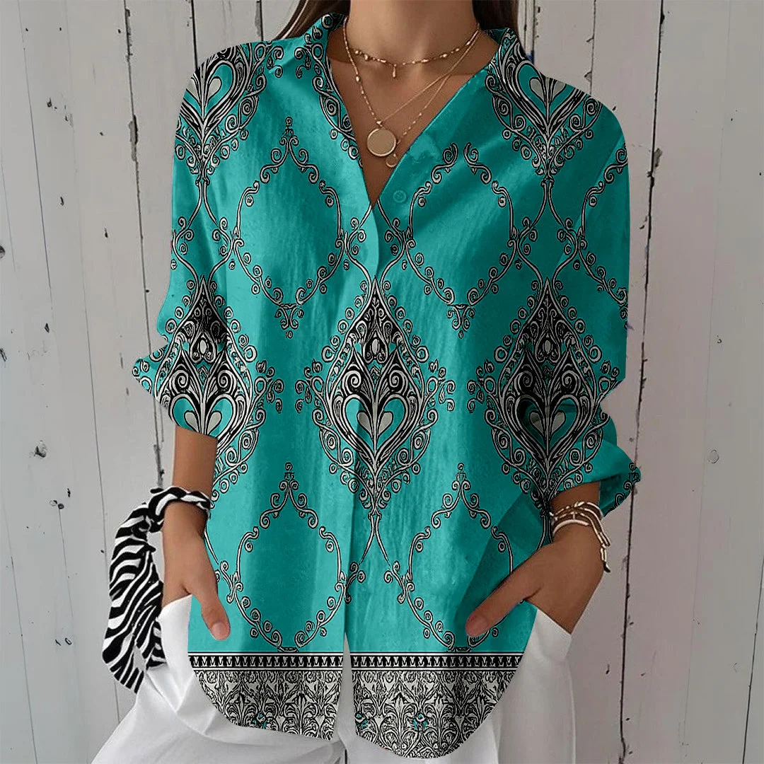 Style & Comfort for Mature Women Women Bohemian,  Green,  Black DZCL0419 3/4 Sleeve Shirt Collar Printed Button Tops