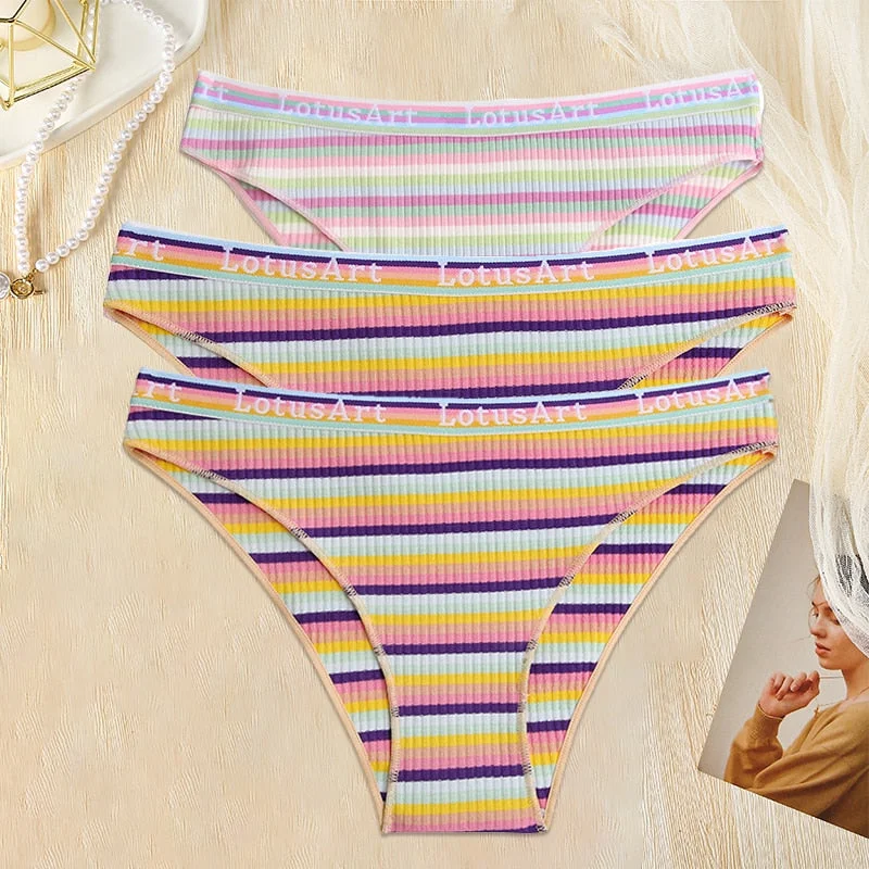FINETOO 3PCS/Set Women Cotton Seamless Panties for Female M-XL Underwear Panty Sexy Colorful Striped Lingerie Letter Waist Brief
