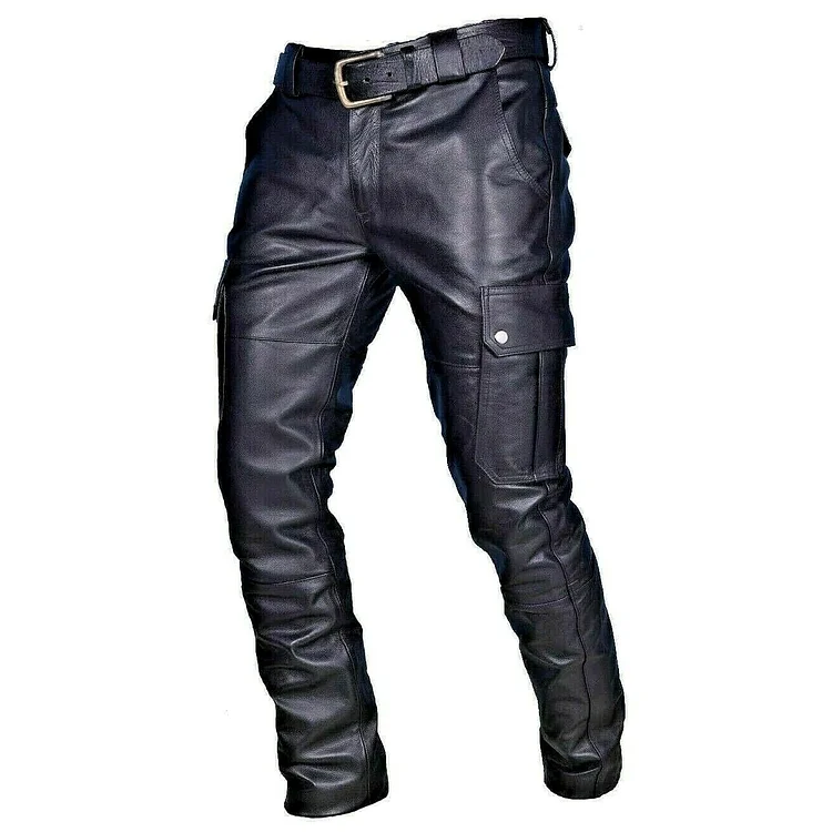 Men's Trousers Leather Casual  Multi Pocket Solid Color Motorcycle Streetwear