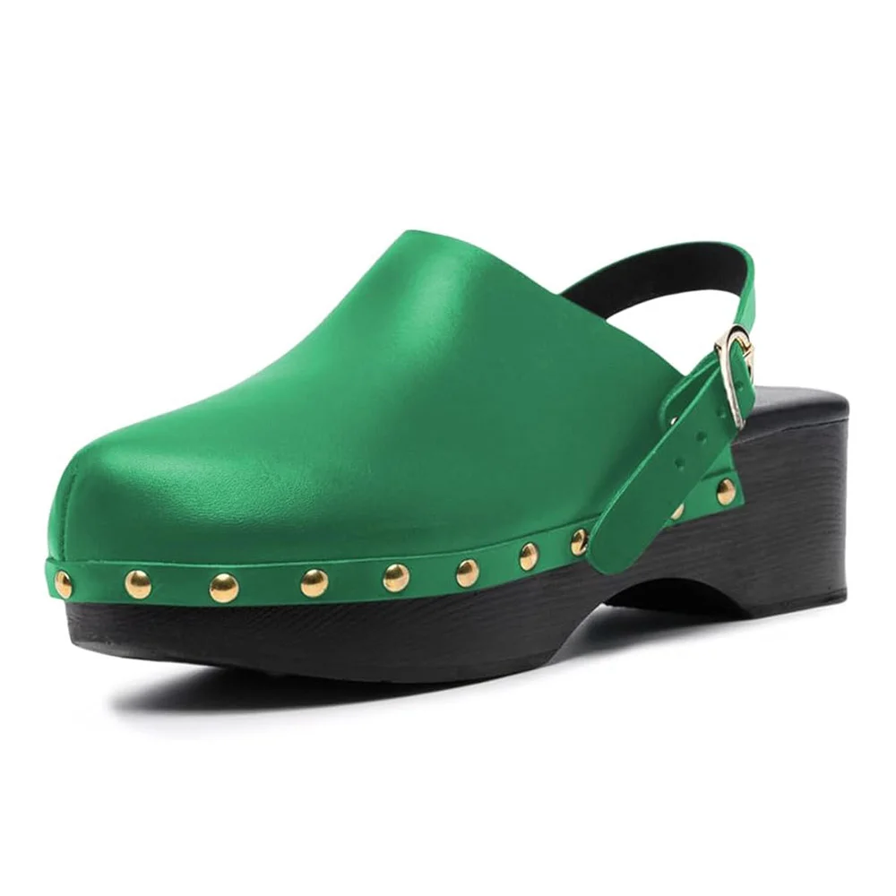 Green Vegan Leather Round Toe Studded Platform Slingback Heels