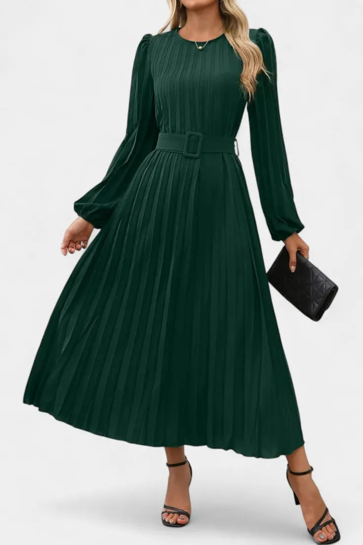 Pleated Midi Dress with Puff Sleeves and Belt