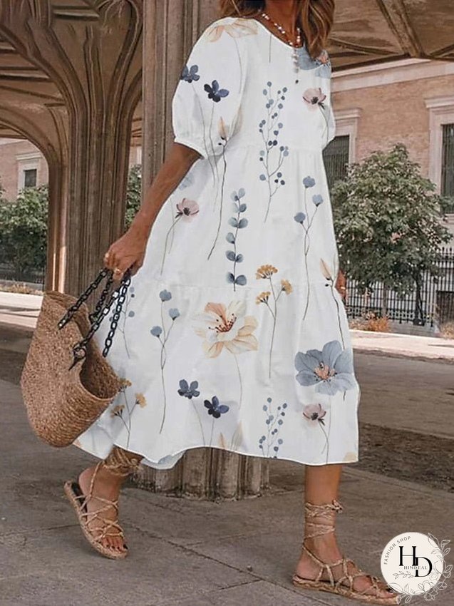 Casual Dress Swing Dress Print Dress Floral Print V Neck Midi Dress Active Fashion Outdoor Street Short Sleeve Loose Fit Red Blue Light Blue Summer Spring S M L XL XXL for Women