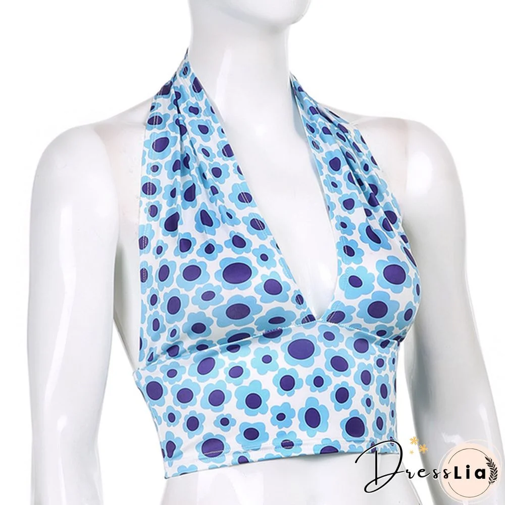 Women Halter Deep V Neck Sleeveless Crop Top Summer Holiday Fashion Floral Print Camisole Backless Vest