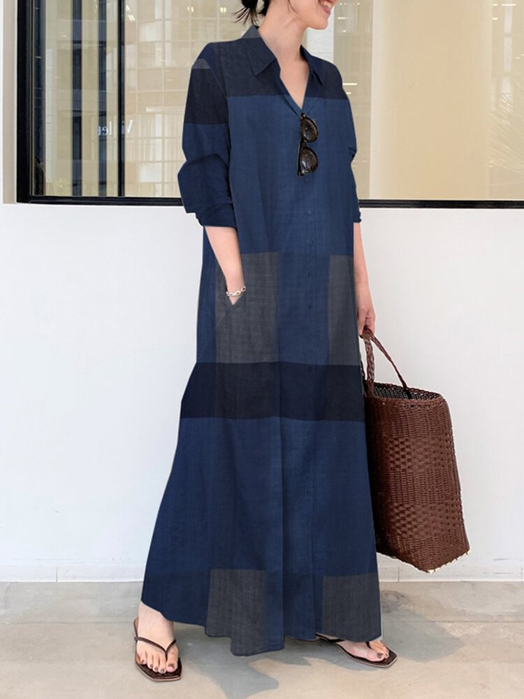 Plaid Stand Collar Long Sleeve Pocket Vintage Long Maxi Dress - Shop Trendy Women's Fashion | TeeYours