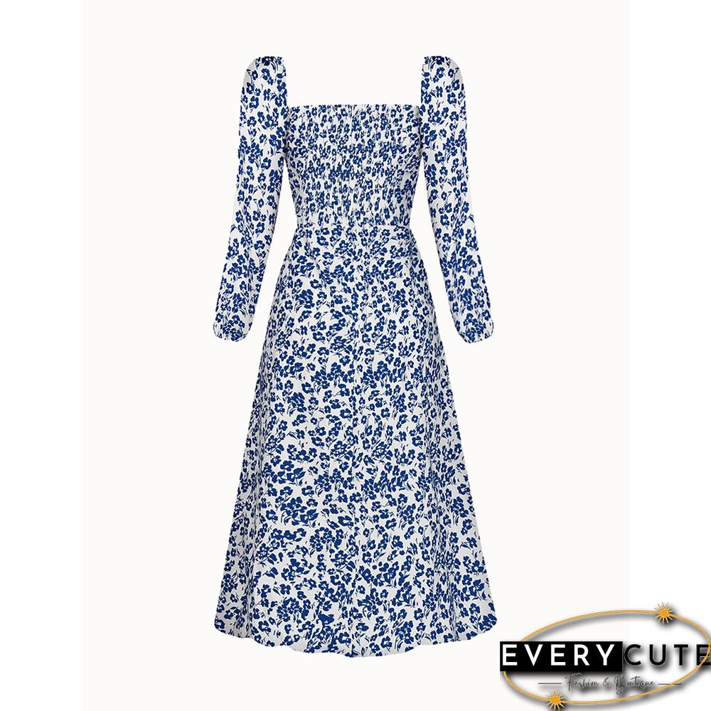 Light Blue Square Neck Digital Print Slit Floral Dress