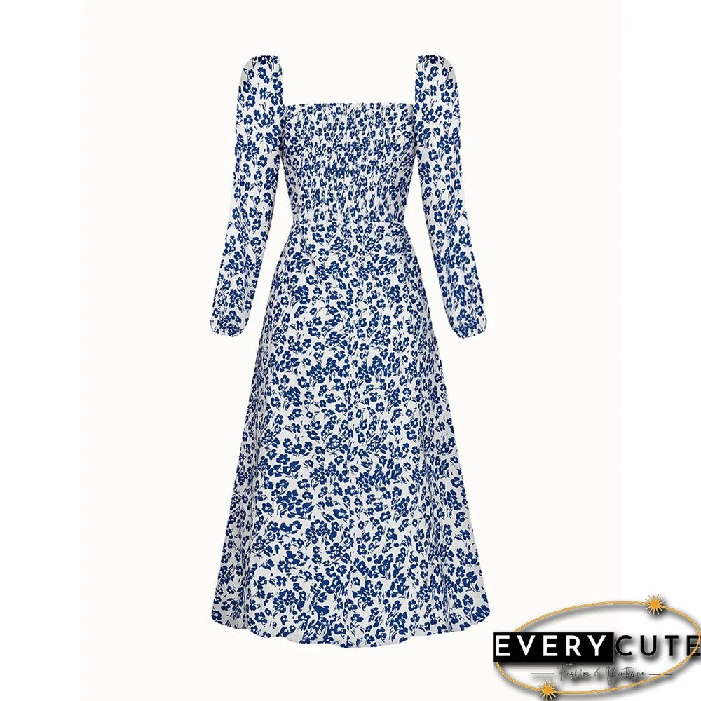 Light Blue Square Neck Digital Print Slit Floral Dress