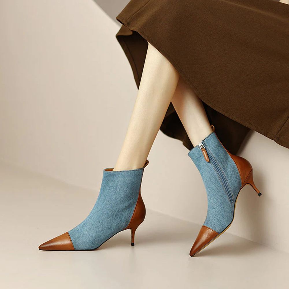 Brown & Blue Denim Pointed Toe Stiletto Heel Ankle Boots Nicepairs