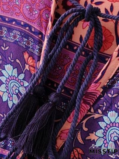 Women s Fashion Polyester Boho Tie Neck Long Sleeve Pleated Day Dress