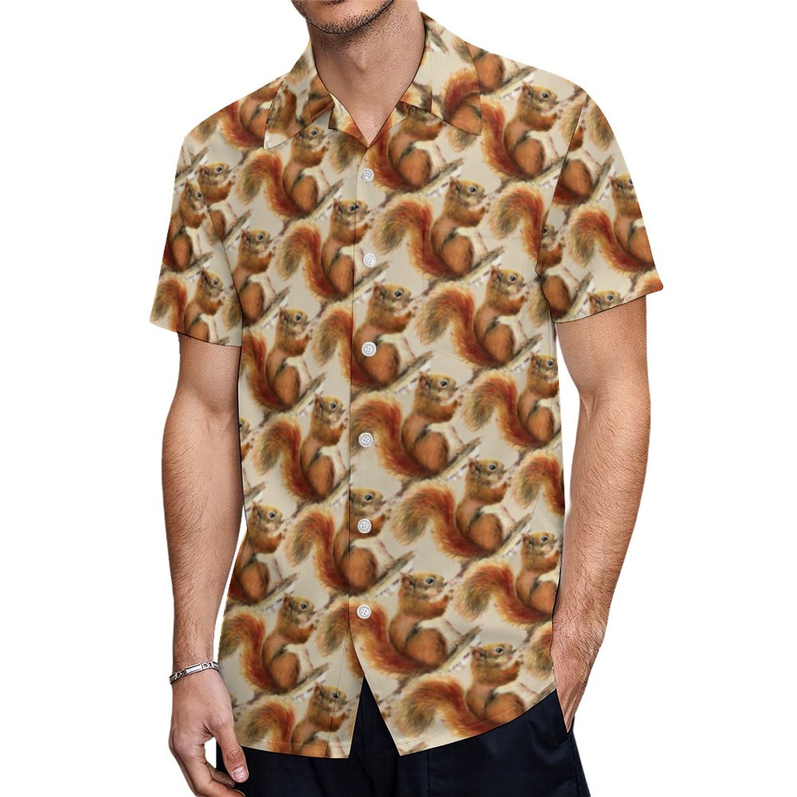 Watercolor Fun Novelty Squirrel Cute Animal Art Hawaiian Shirt Mens Button Down Tropical Hawaii Beach Shirts