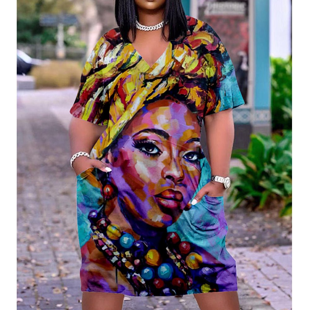 African Girl Print Plus Size V Neck Mid Sleeve Dress