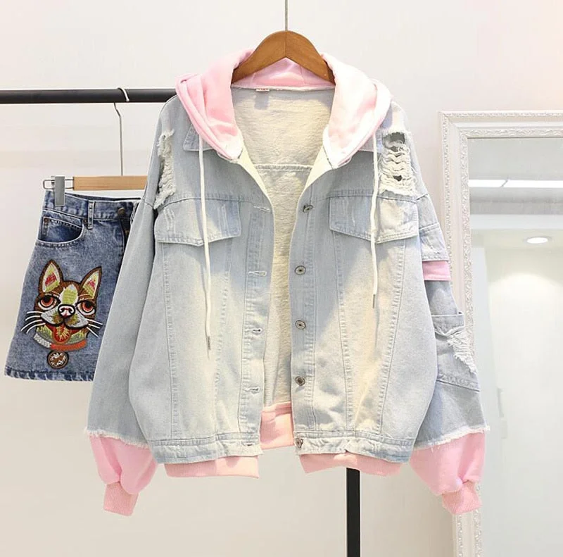 2021 Autumn Hooded Denim Jacket For Women Casual BF Jeans Jacket Holes Vintage Harajuku Coat Female Loose Streetwear Basic Coats