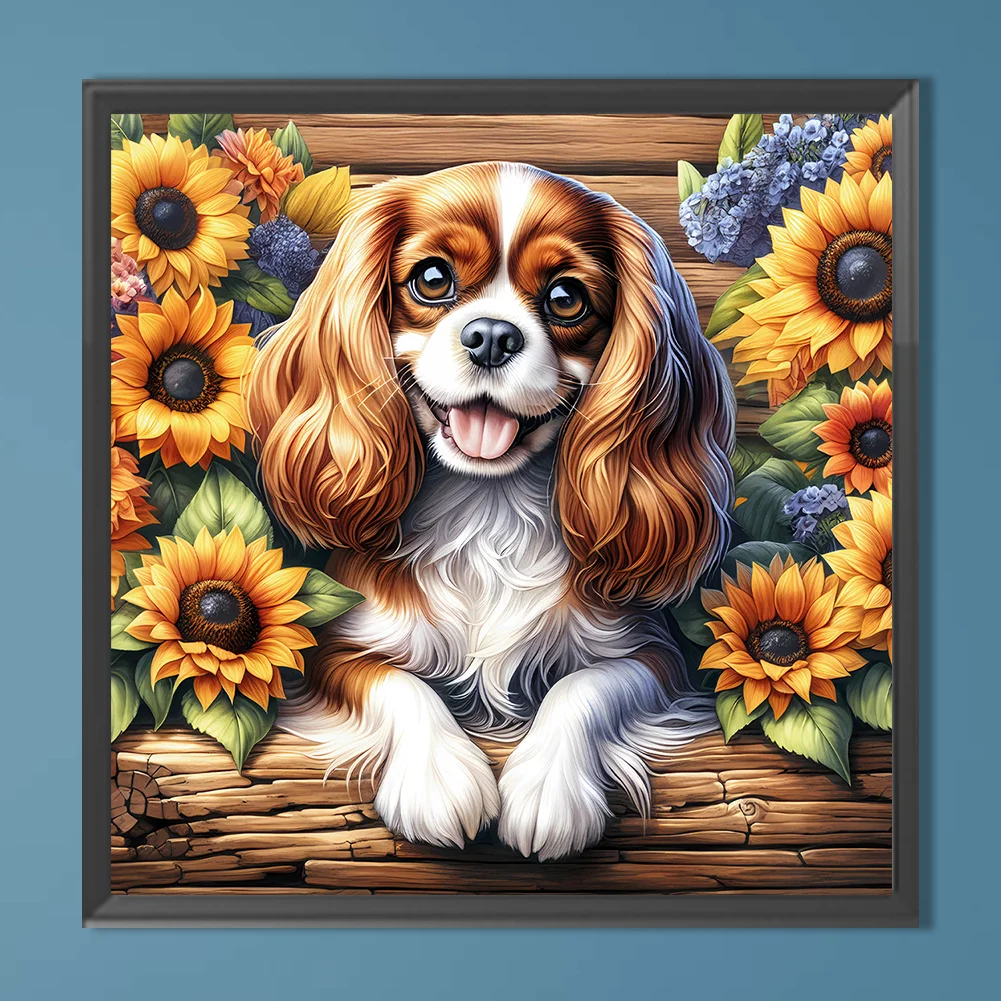 Diamond Painting - Full Round Drill - Sunflower King Charles Spaniel(Canvas|40*40cm)