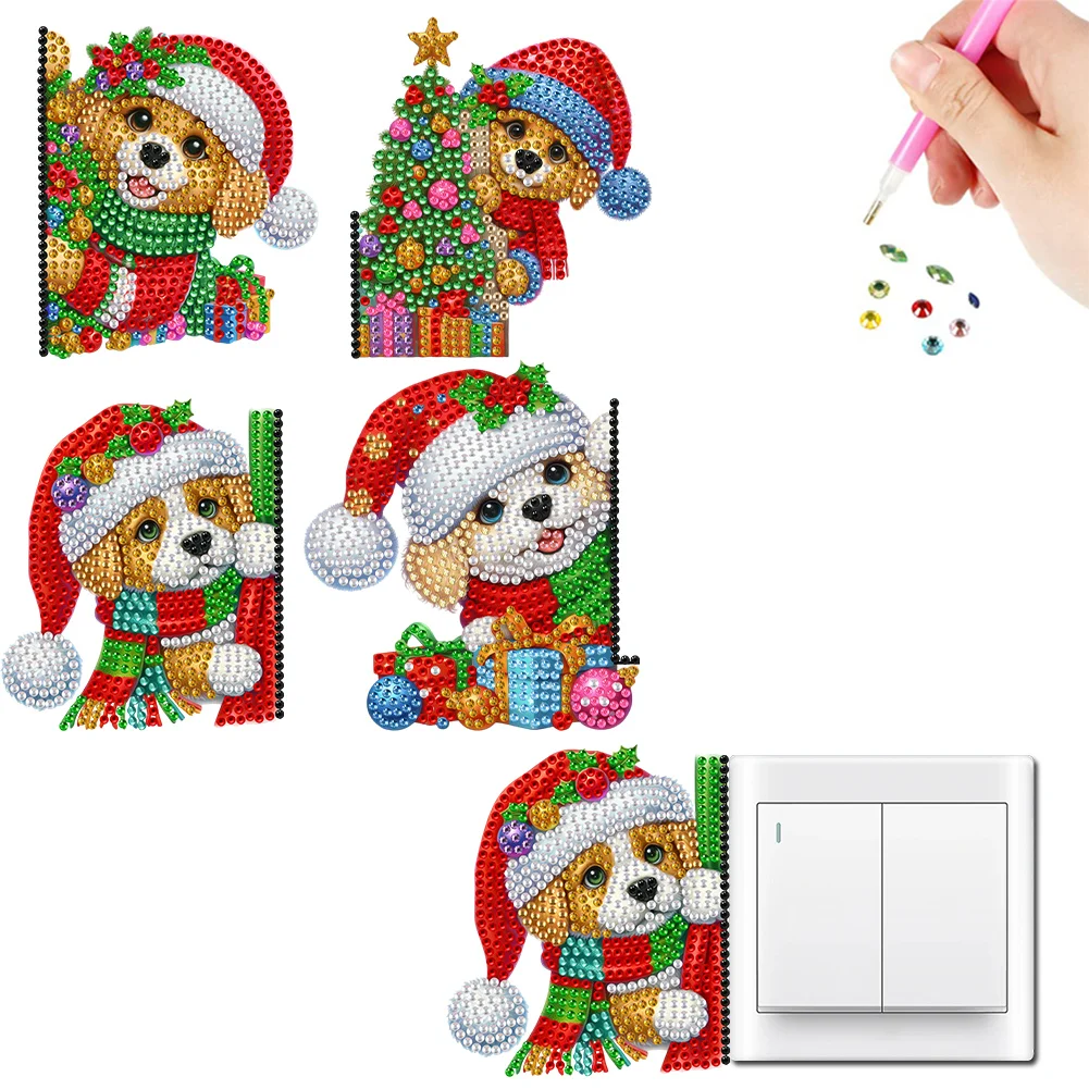 4Pcs Christmas Dog Acrylic 5D DIY Diamond Wall Switch Sticker for Wall Decoration