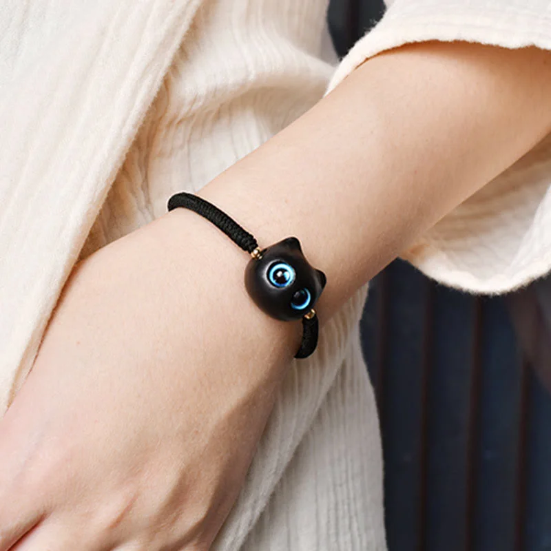 Ebony Wood Cat Head Pattern Peace King Kong Knot Braided Bracelet