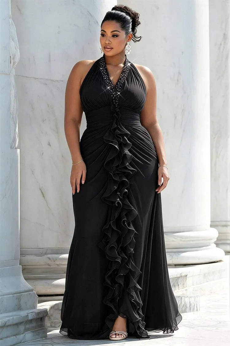 Xpluswear Design Plus Size Formal Black Halter Collar Drilling Ruffle Chiffon Maxi Dresses [Pre-Order] 2024 - Xpluswear
