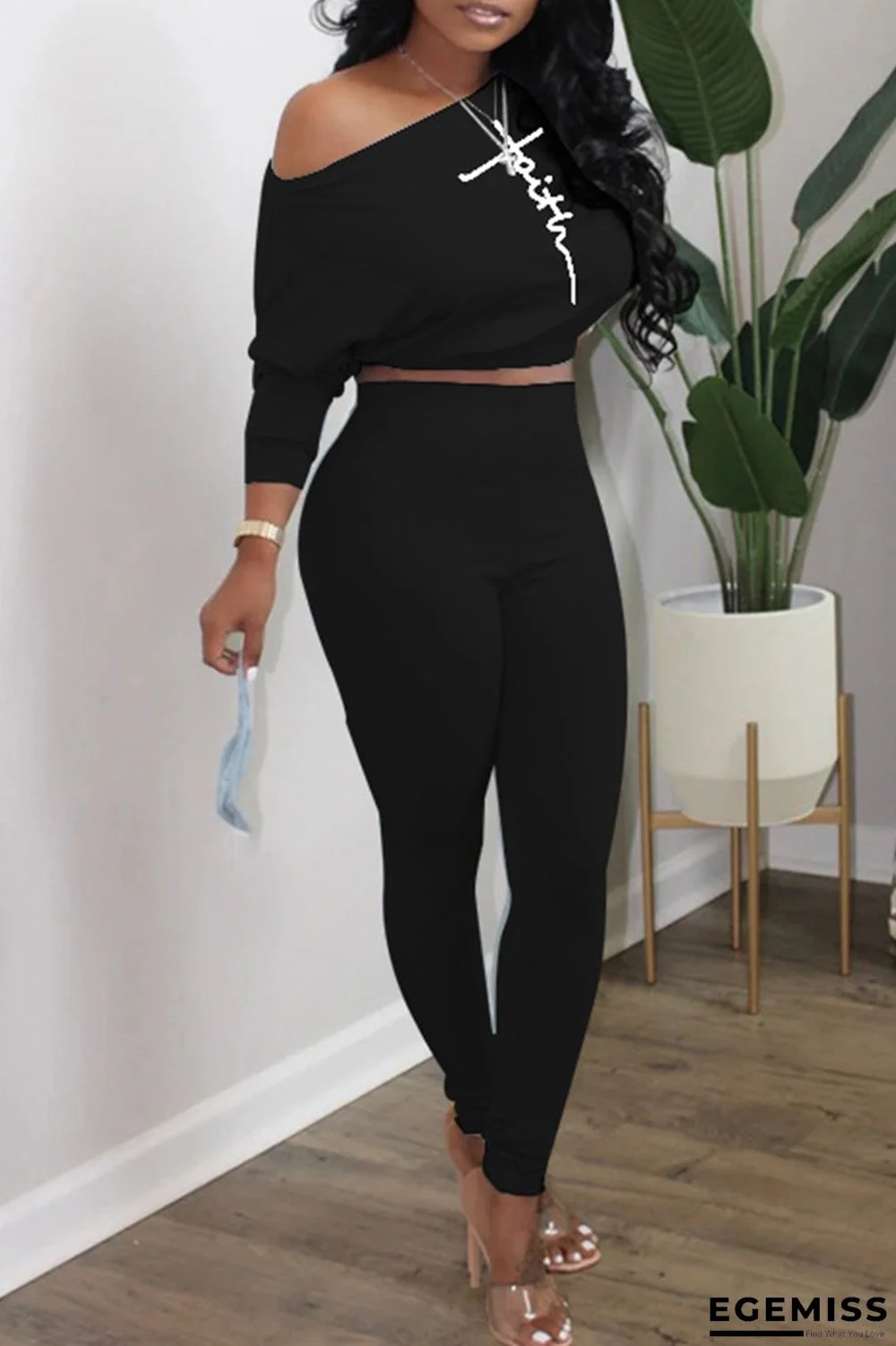 Black Fashion Casual Print Basic Oblique Collar Long Sleeve Two Pieces | EGEMISS