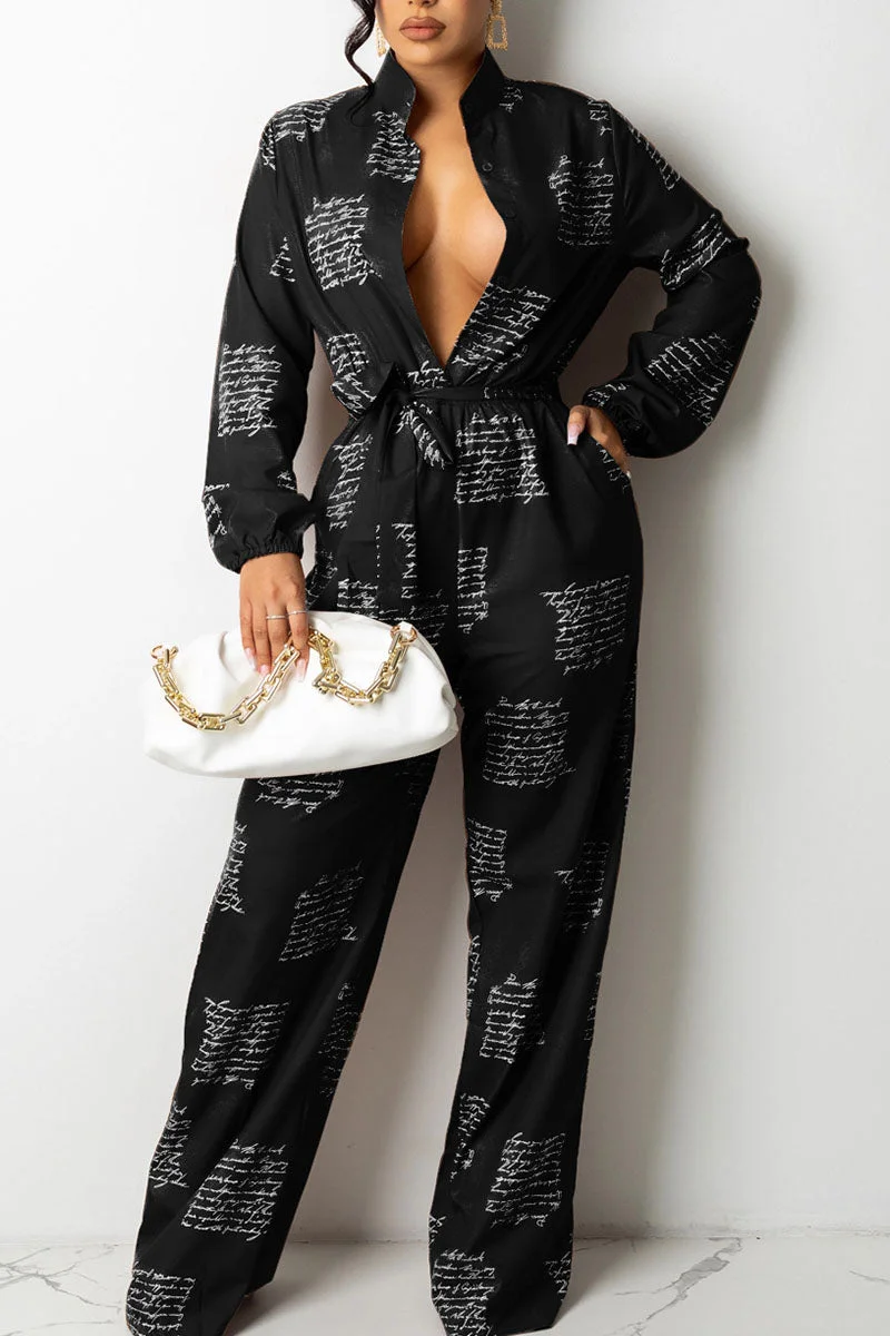 Fashion Casual Print Split Joint Buttons With Belt Turndown Collar Loose Jumpsuits