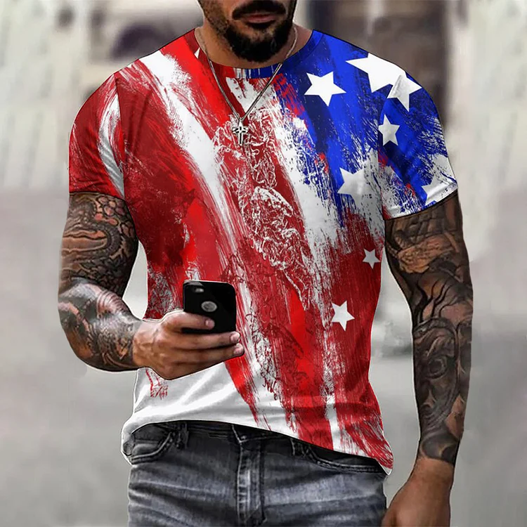 BrosWear Men'S Vintage American Flag Print Short-Sleeved T-Shirt