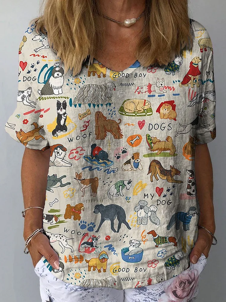 Women's Cute Dog Art Print Casual Cotton And Linen Shirt