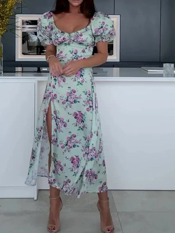 Style & Comfort for Mature Women Women's Puff Sleeve V-neck Floral Printed Maxi Dress