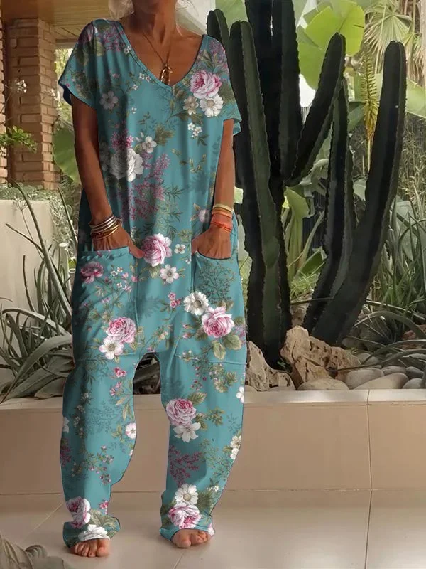 Casual Floral Print V-neck Jumpsuit