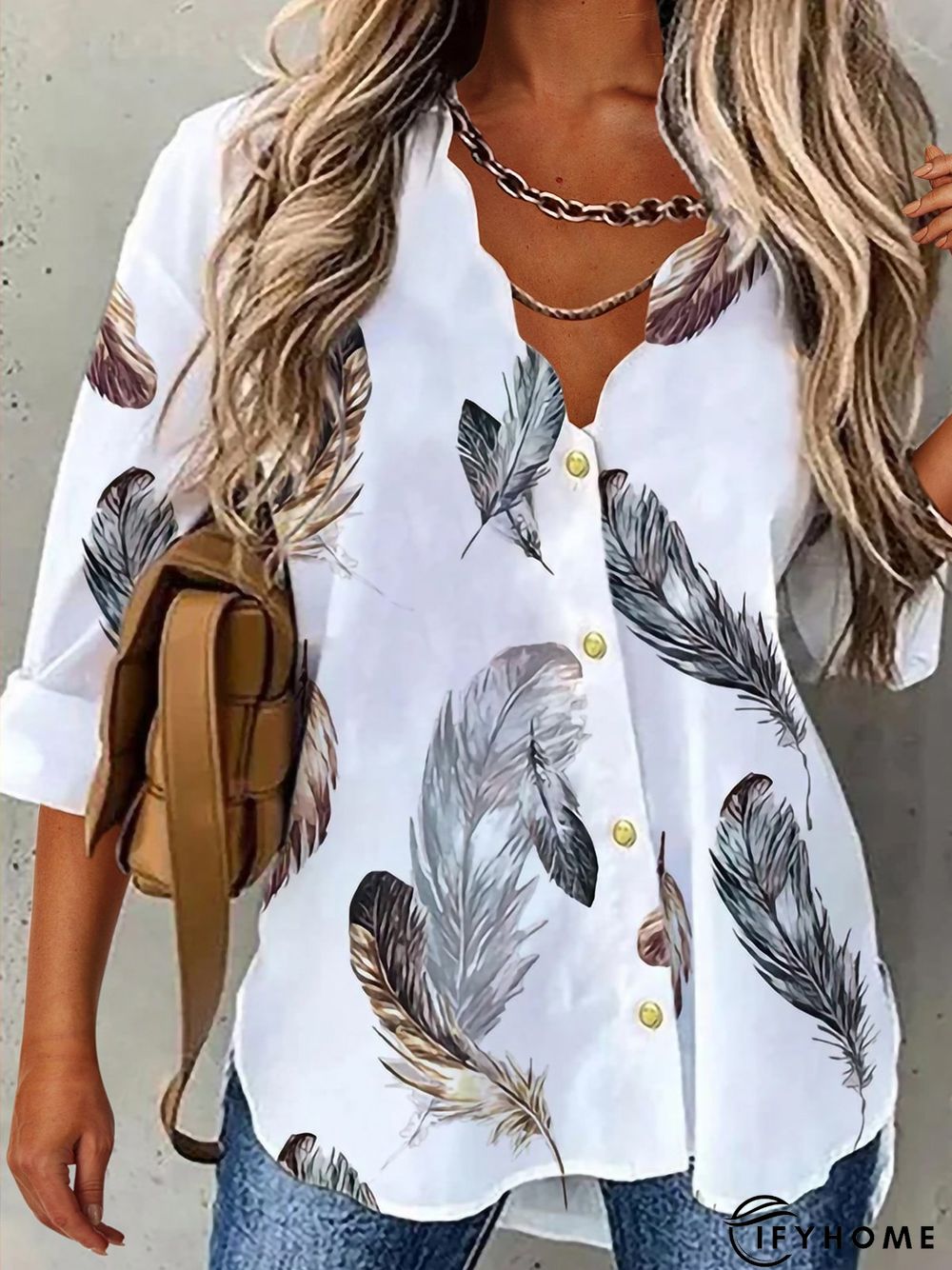 Casual Feather V Neck Long Sleeve Blouse | IFYHOME