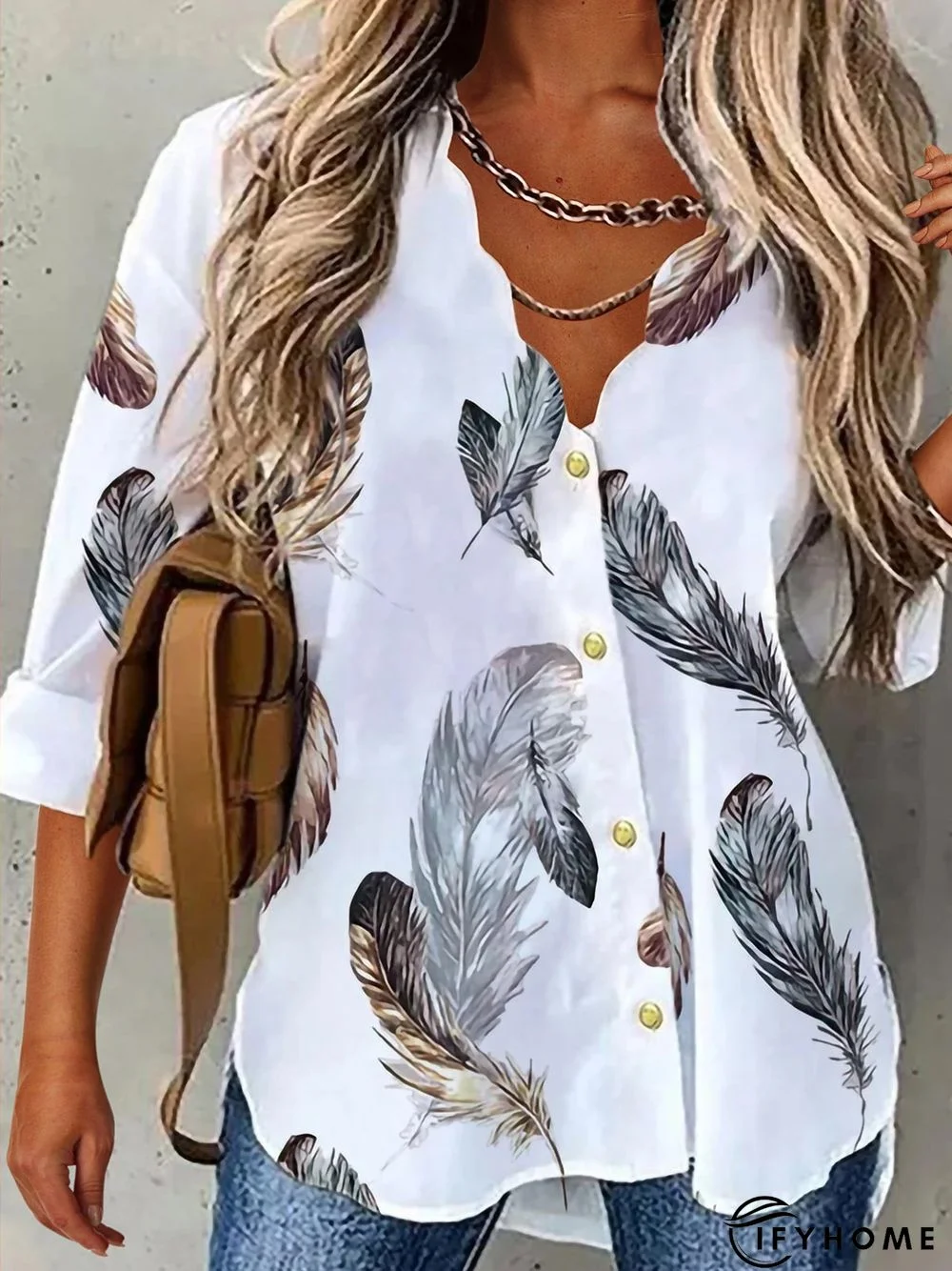 Casual Feather V Neck Long Sleeve Blouse | IFYHOME
