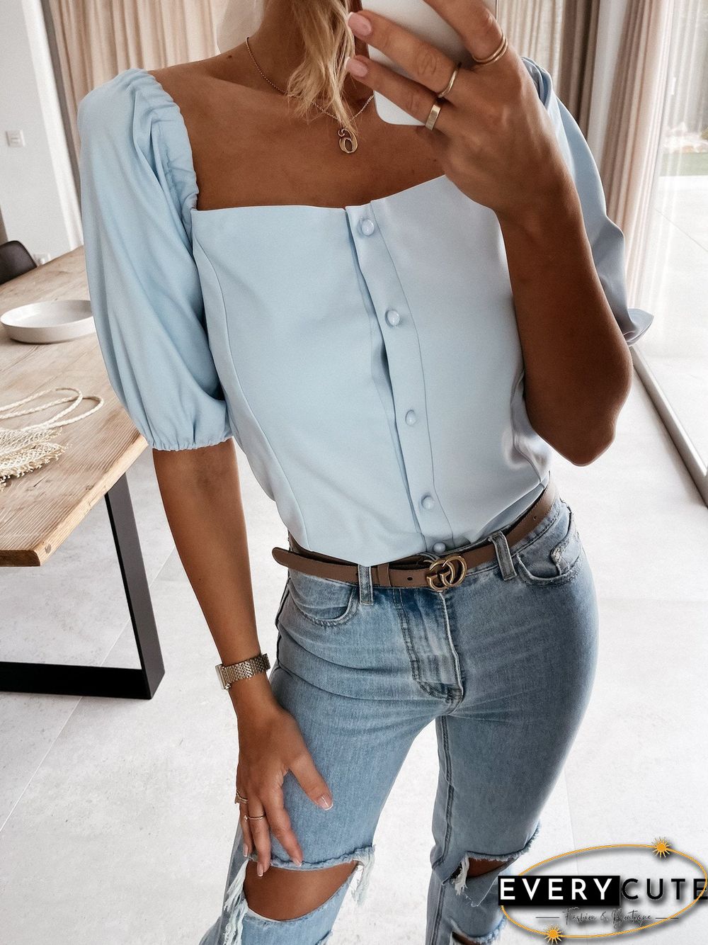 Women'S Blouses One Word Neck Button Short Sleeve Blouse