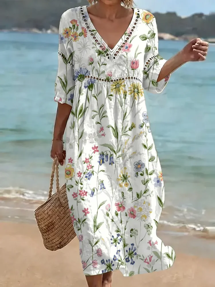 Women's Floral Pattern Art Print Casual Stylish Cotton Linen Dress