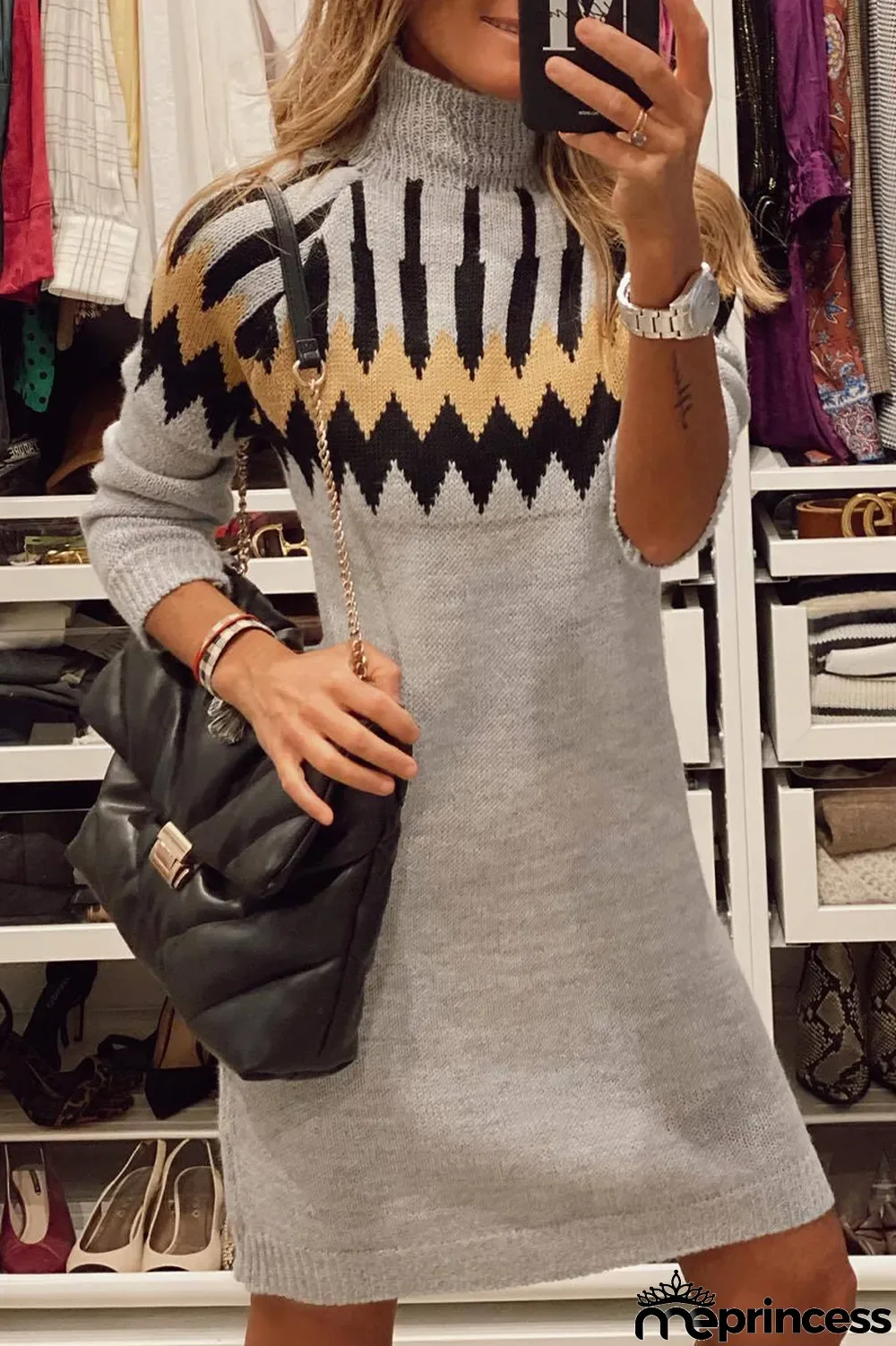 British Style Geometric Patchwork Turtleneck A Line Dresses