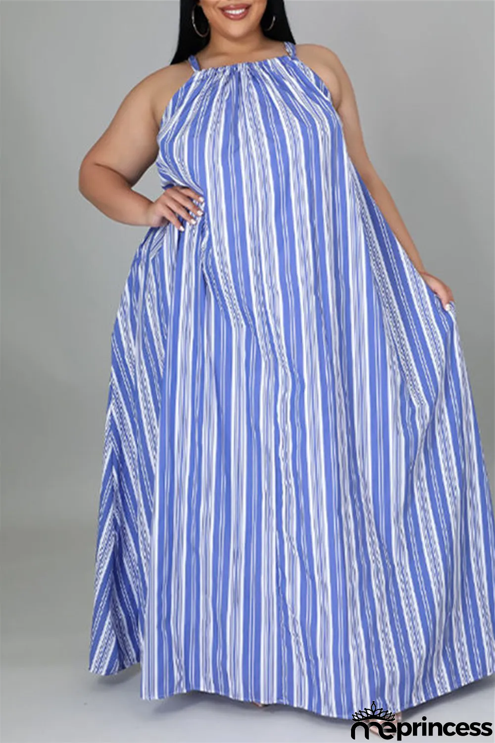 Light Blue Fashion Casual Plus Size Striped Print Backless O Neck Sleeveless Dress