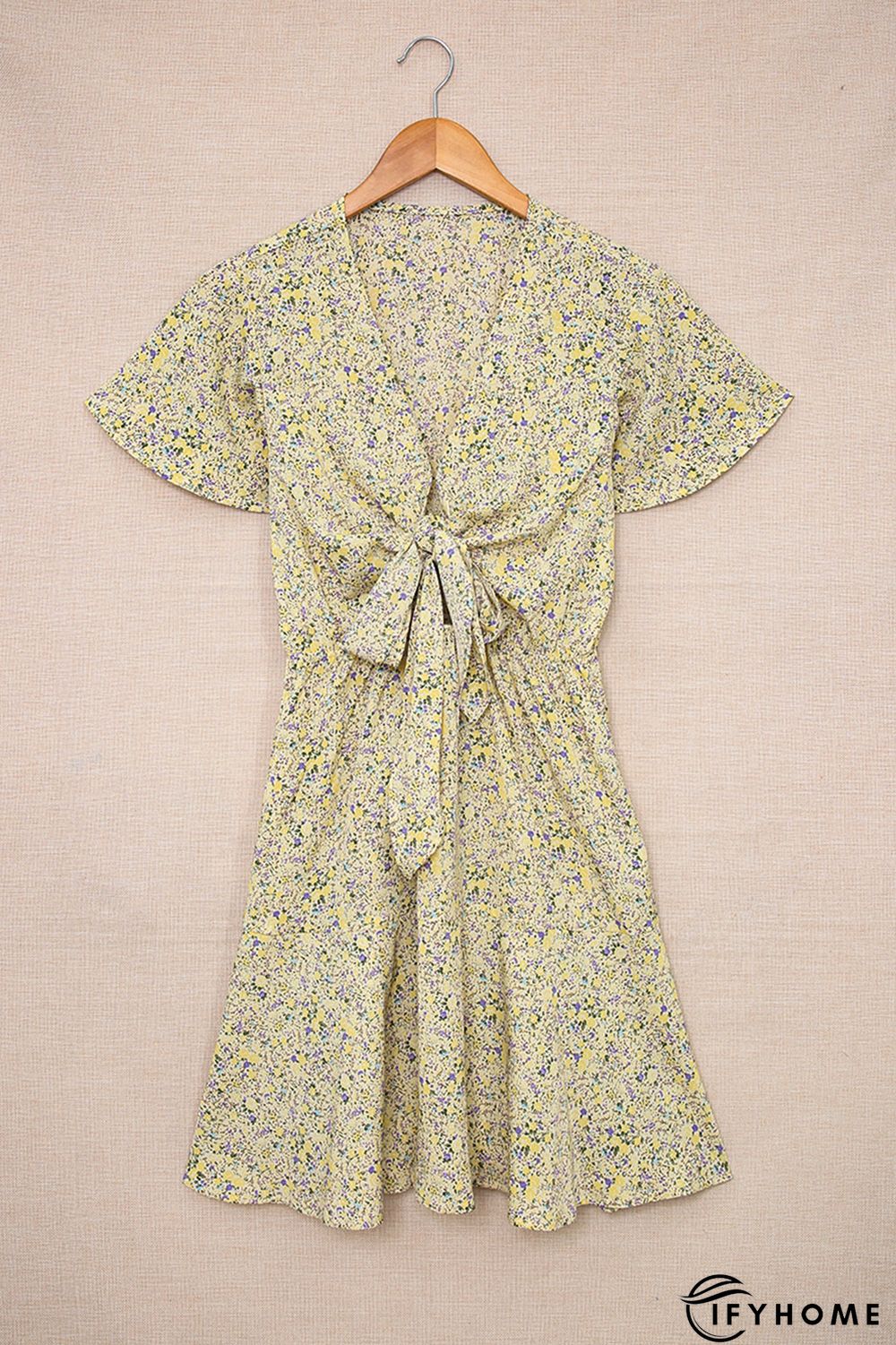 Floral Print Tie Knot Ruffled Short Sleeve Mini Dress | IFYHOME