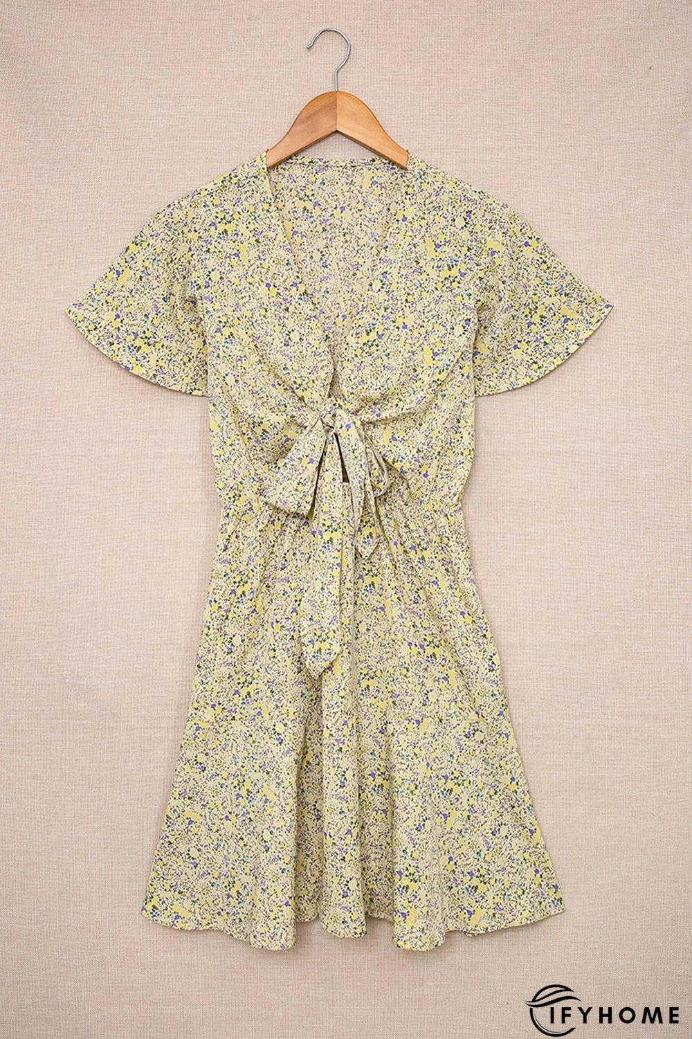 Floral Print Tie Knot Ruffled Short Sleeve Mini Dress | IFYHOME