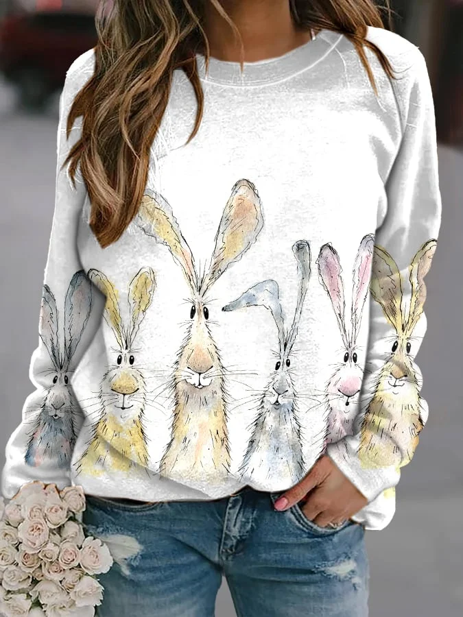 Women's Watercolor Bunny Print Long Sleeve Sweatshirt