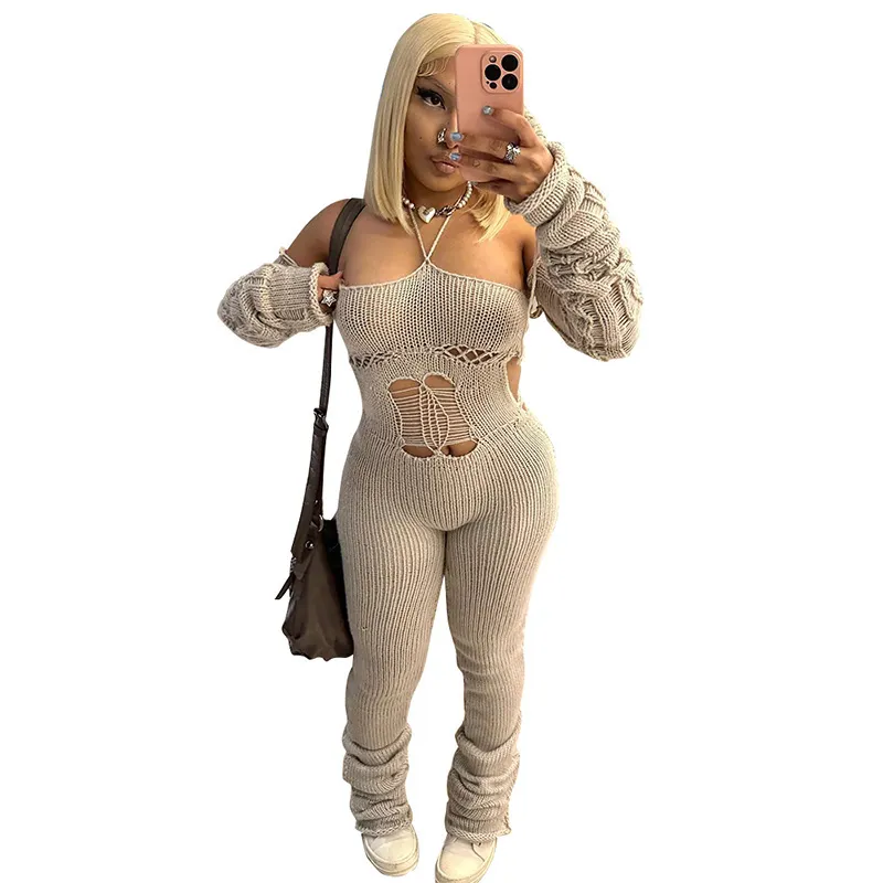 Uveng Uveng Women's 2023 Autumn And Winter 2023 New Woolen Sleeve Hanging Neck Tie Hollow Jumpsuit Pile Trousers