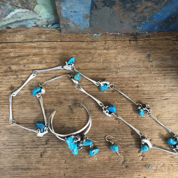 Mid-Century Brutalist Necklace Earrings and Bracelet Set Turquoise 925