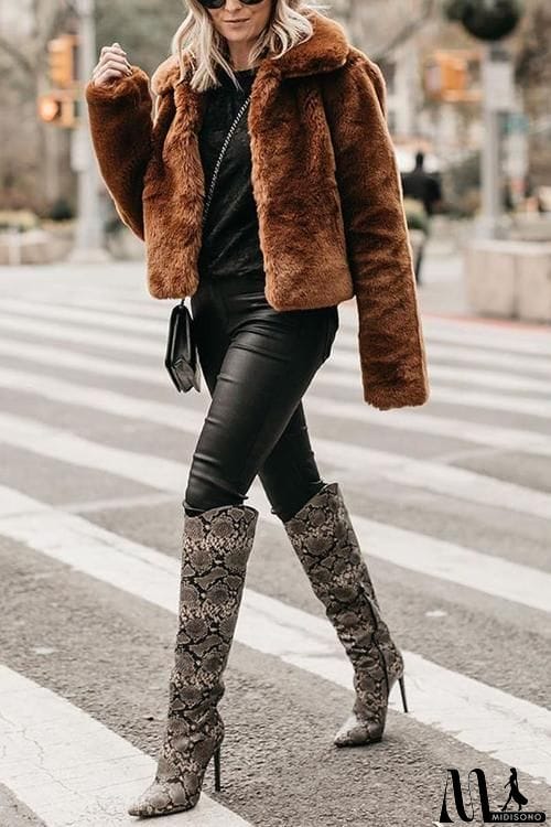 MidiSono - Turndown Collar Faux Fur Short Coat