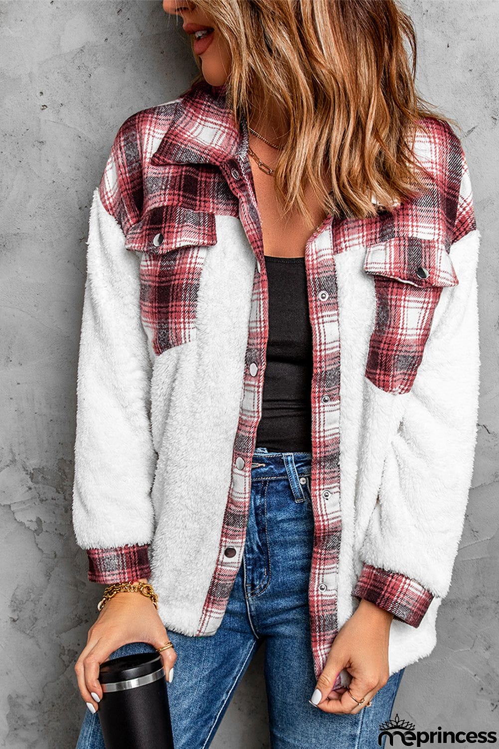 Plaid Patchwork Buttoned Pocket Sherpa Jacket