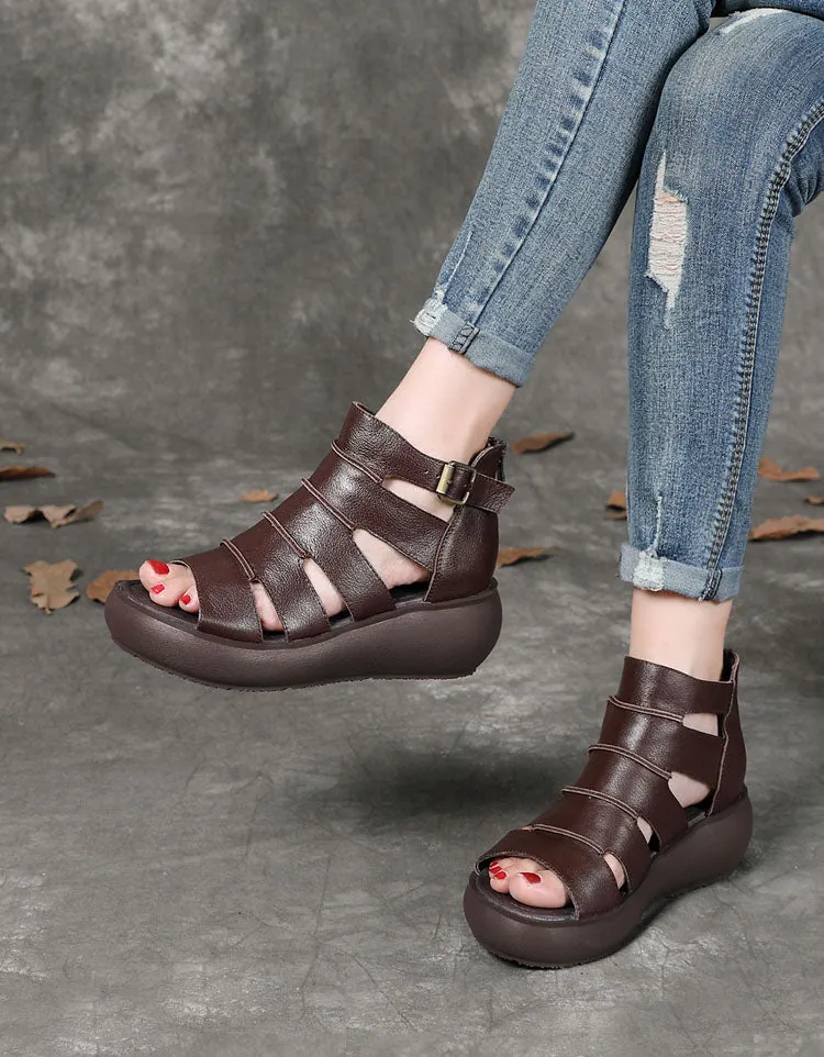 Women's Retro Leather Peep Toe Ankle Strap Sandals