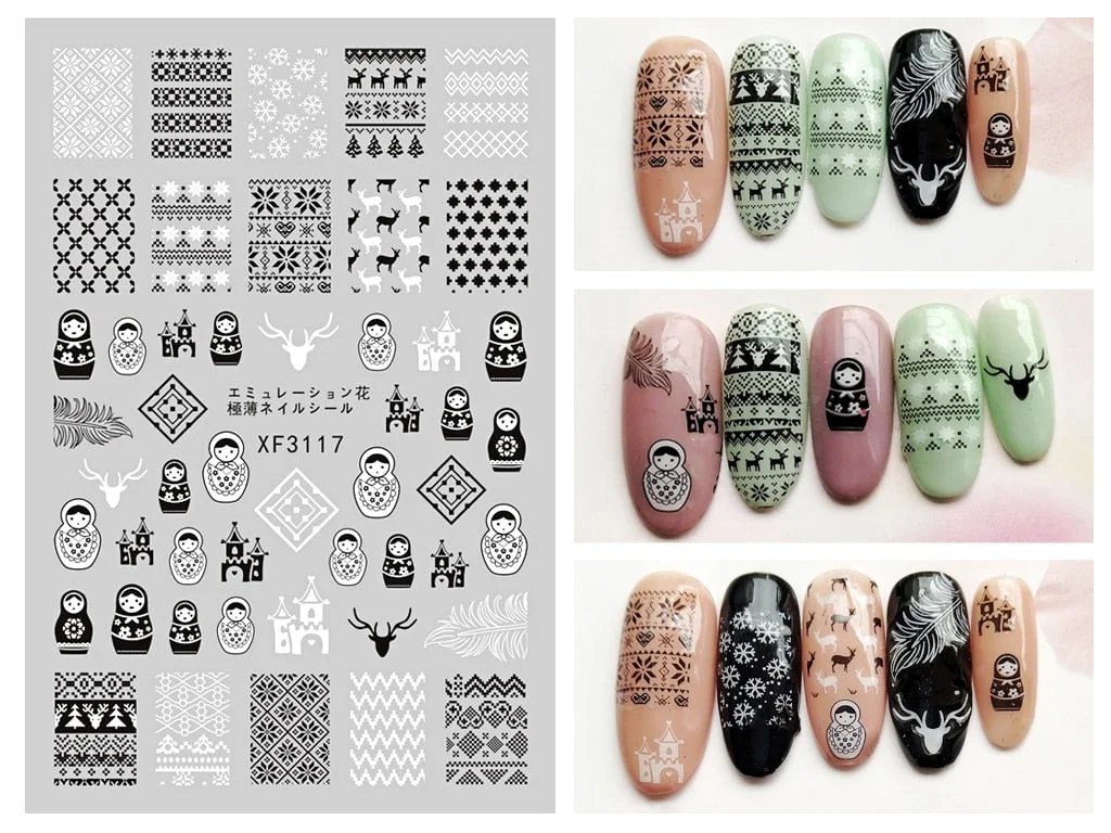 Cute Merry Christmas Nail Art Sticker Decoration Elk Snow Nail Decal for Manicure Sticker for Nails Design Santa Claus Tree Foil