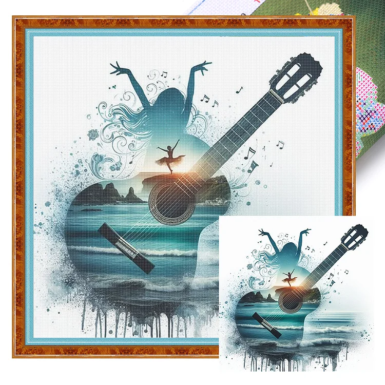 【Huacan Brand】Guitar girl 25*25cm 18CT Stamped Canvas Cross Stitch gbfke