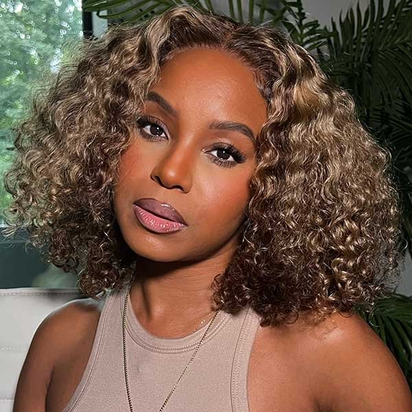 AlwaysAmeera Recommend Junoda Highlight Curly Bob Wig 4/27 Brown Mix Color 4x4 13x4 Transparent Lace Wig