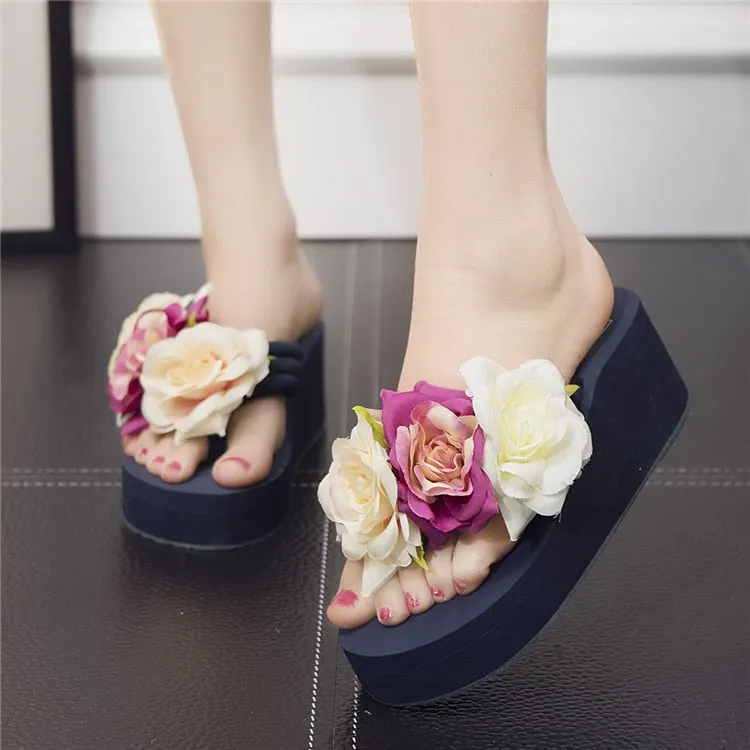Ladies Slippers Summer Flip Flop Flowers decoration Female Flip flops High heels EVA Flip flops Bohemia Beach Slippers Shoes