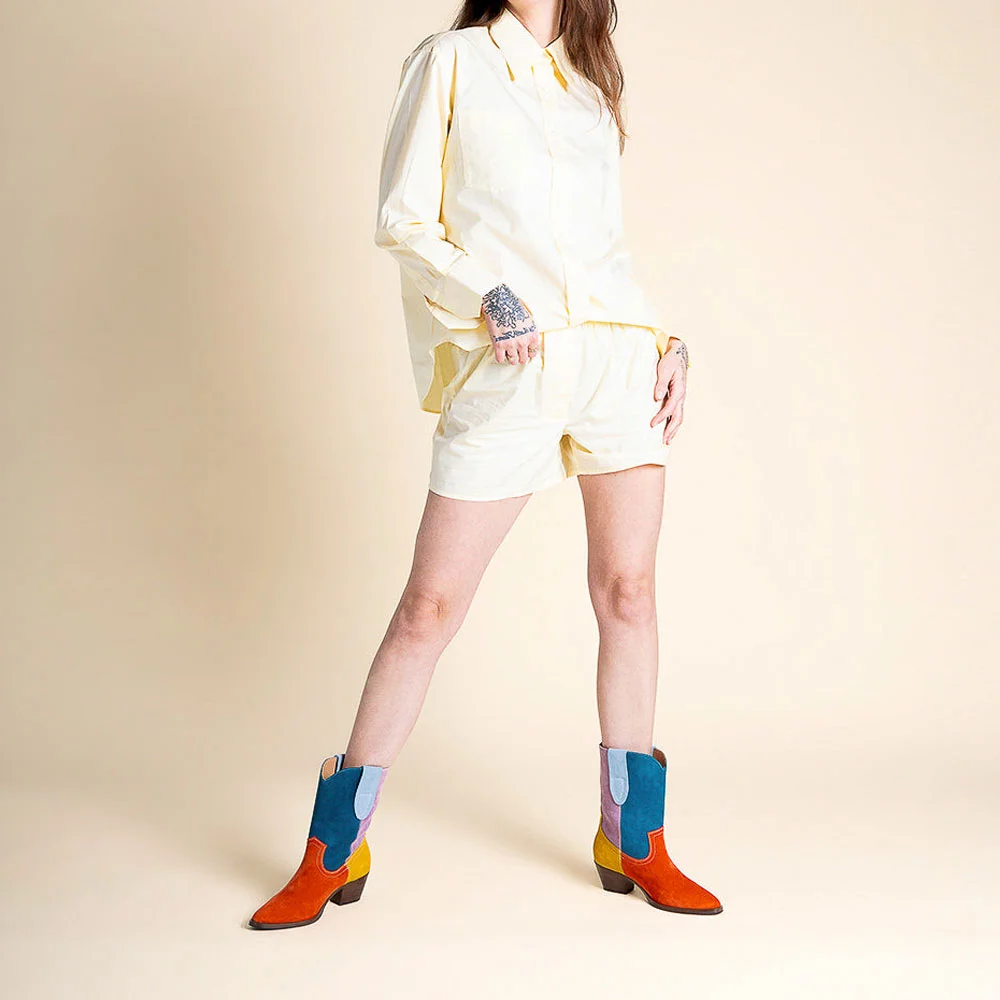 Stylish Color Block Round Toe Chunky Heel Short Cowgirl Boots