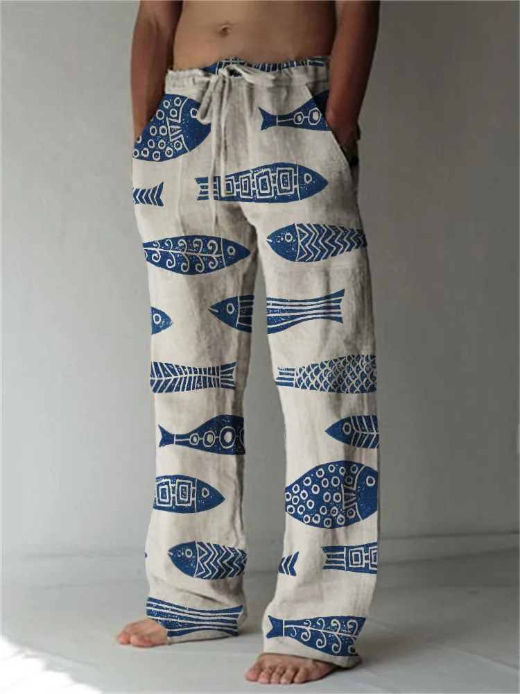 Fish Japanese Lino Pattern Linen Blend Casual Pants