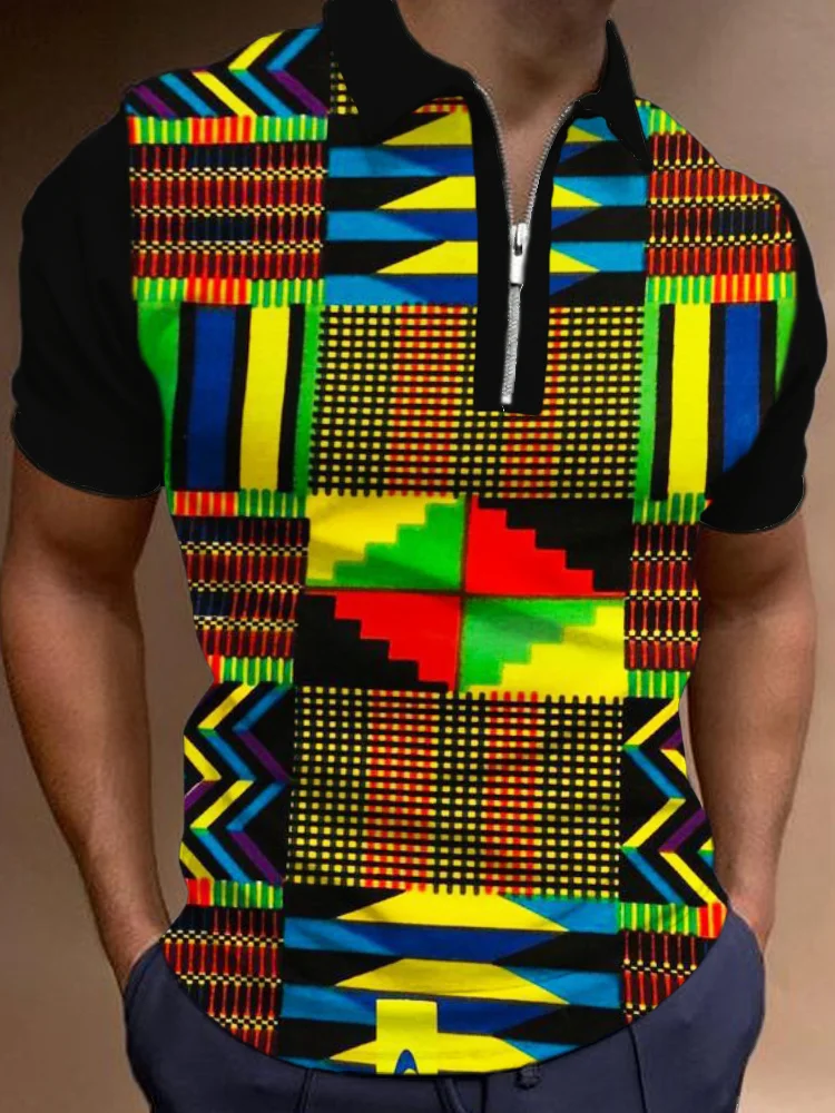 BrosWear Colored African Pattern Short Sleeve Polo Shirt