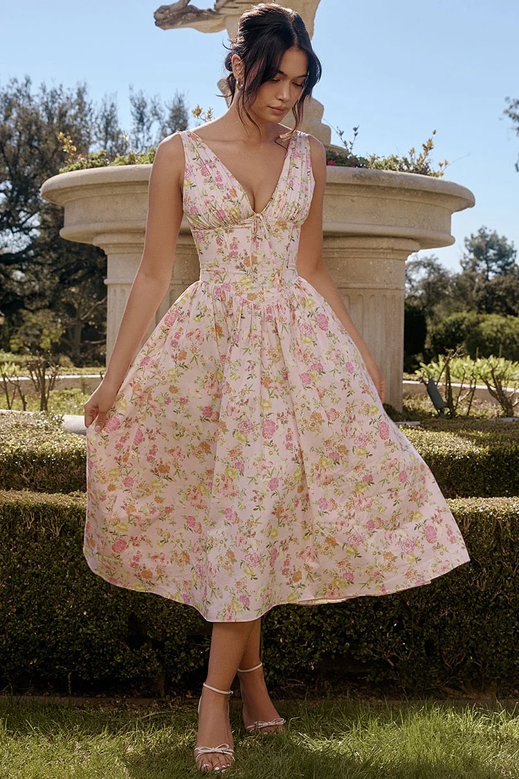 Sleeveless V Neck Cinch Waist Floral Print Midi Dresses-Pink